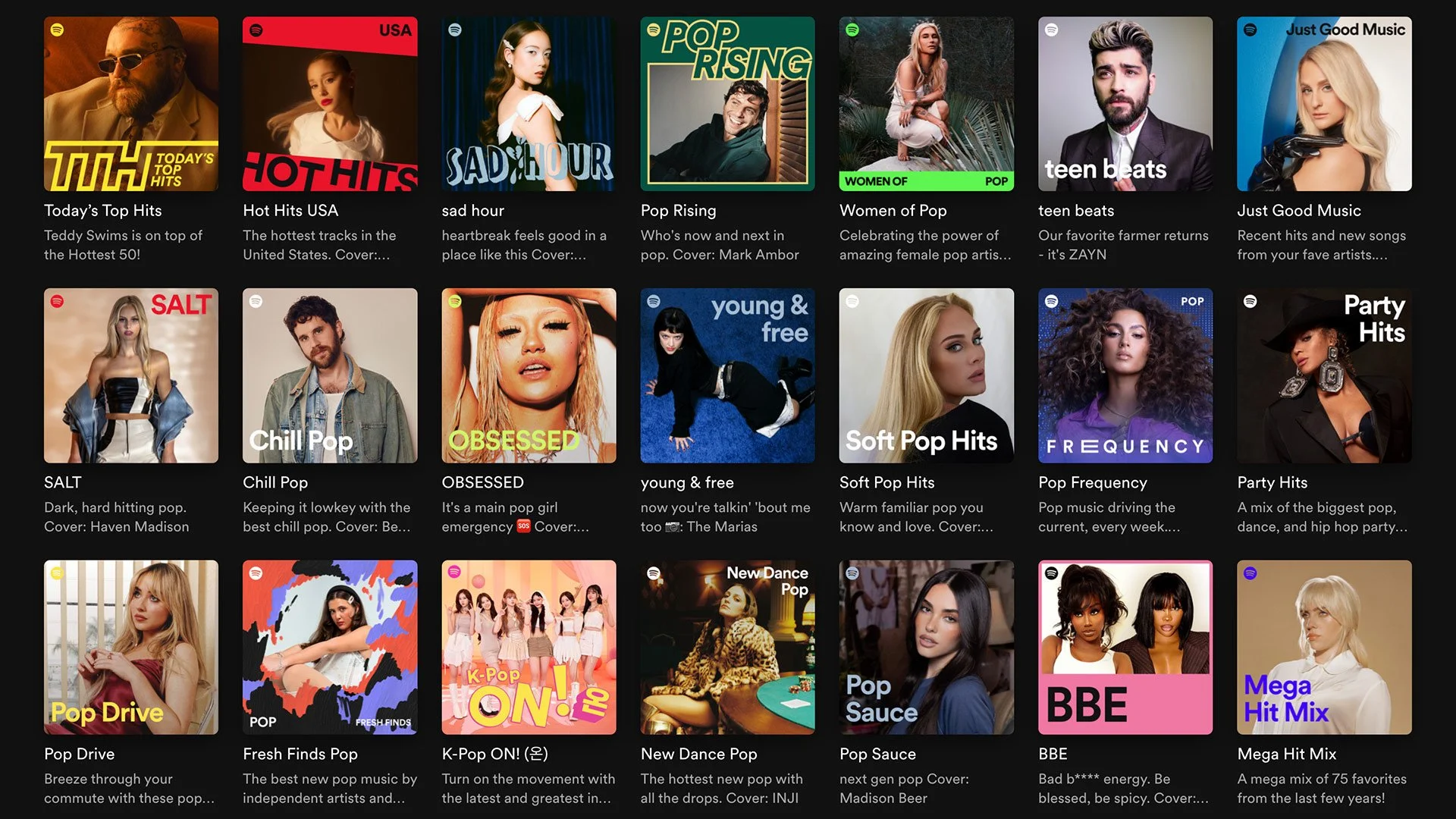 Spotify editorial playlists grid showcasing popular music curation