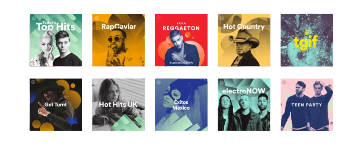 Popular Spotify playlists including Today's Top Hits, RapCaviar, Hot Country, and more