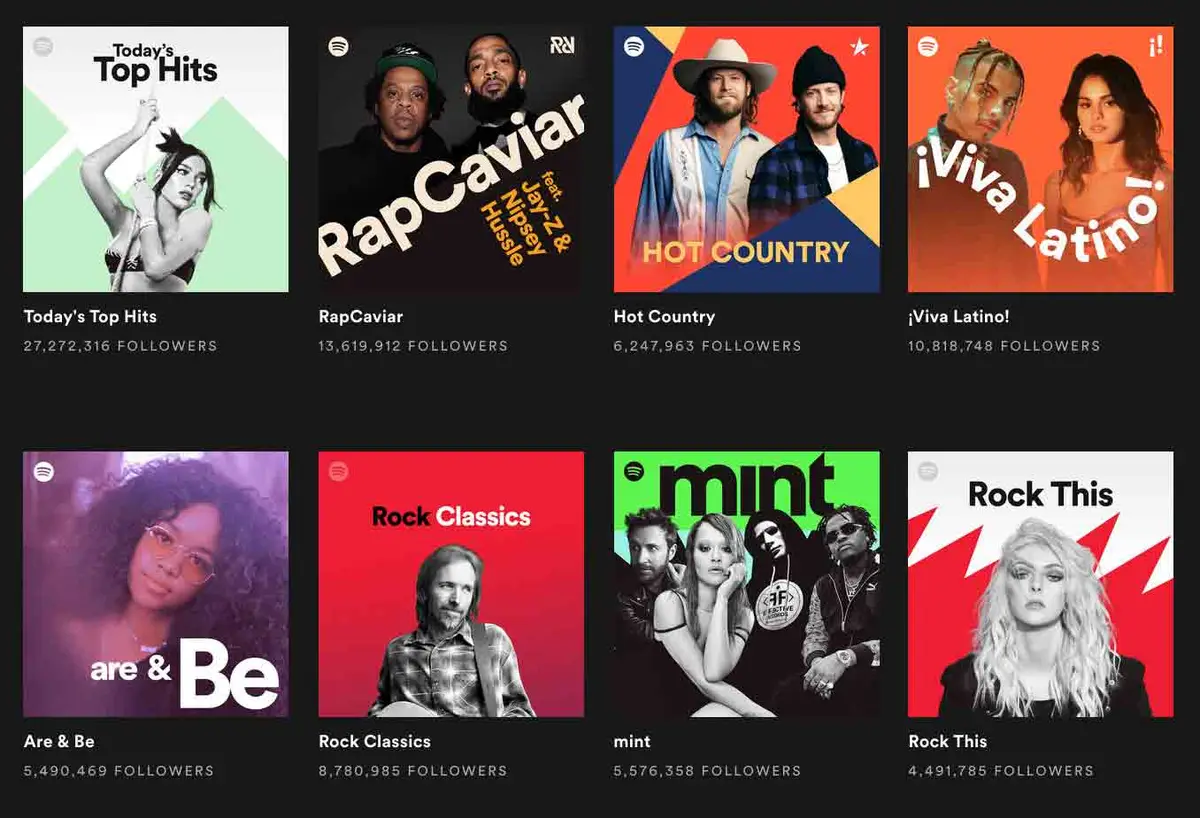 Spotify editorial playlists showcasing popular music curation